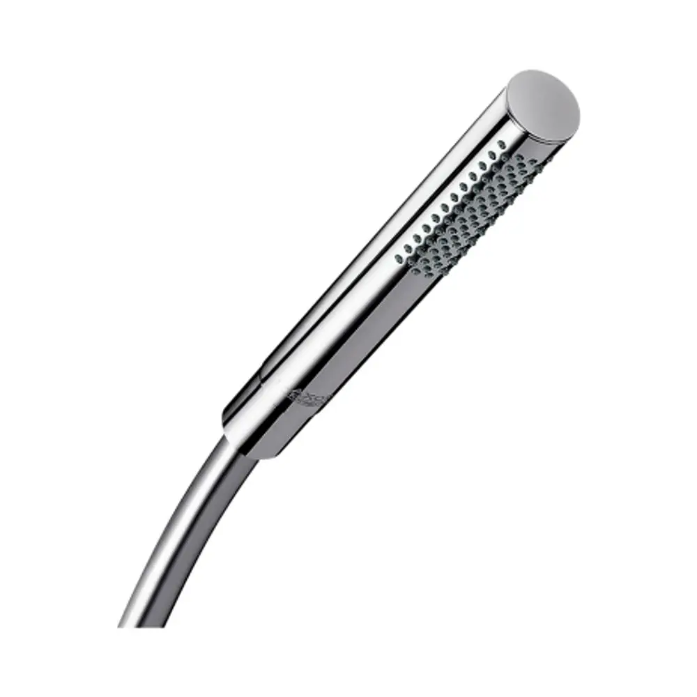 Handbrause in chromfarbenem Design mit schmaler, länglicher Form und einer Düse, die einen sparsamen Wasserfluss bietet. Produkt von AXOR.
